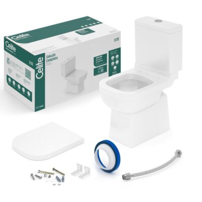 Kit Vaso Sanitário com Caixa Acoplada e Assento Branco Quadrado 3 e 6 litros Elite Celite